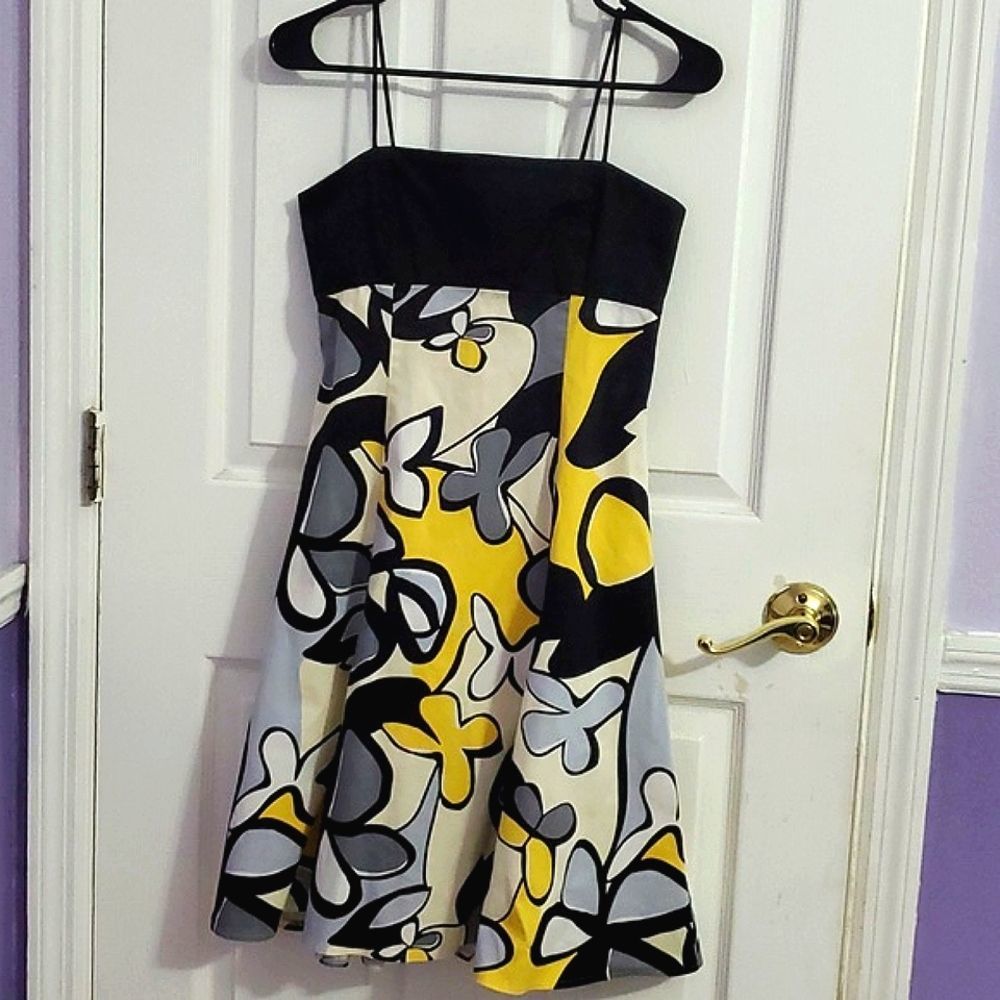 Nine West White & Black Yellow Floral 60's Retro Pinup Flare Skirt Mini Dress 2